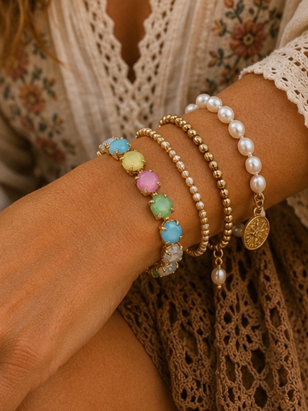 Pastel Rainbow Crystal Bracelet Gold Tone Adjustable